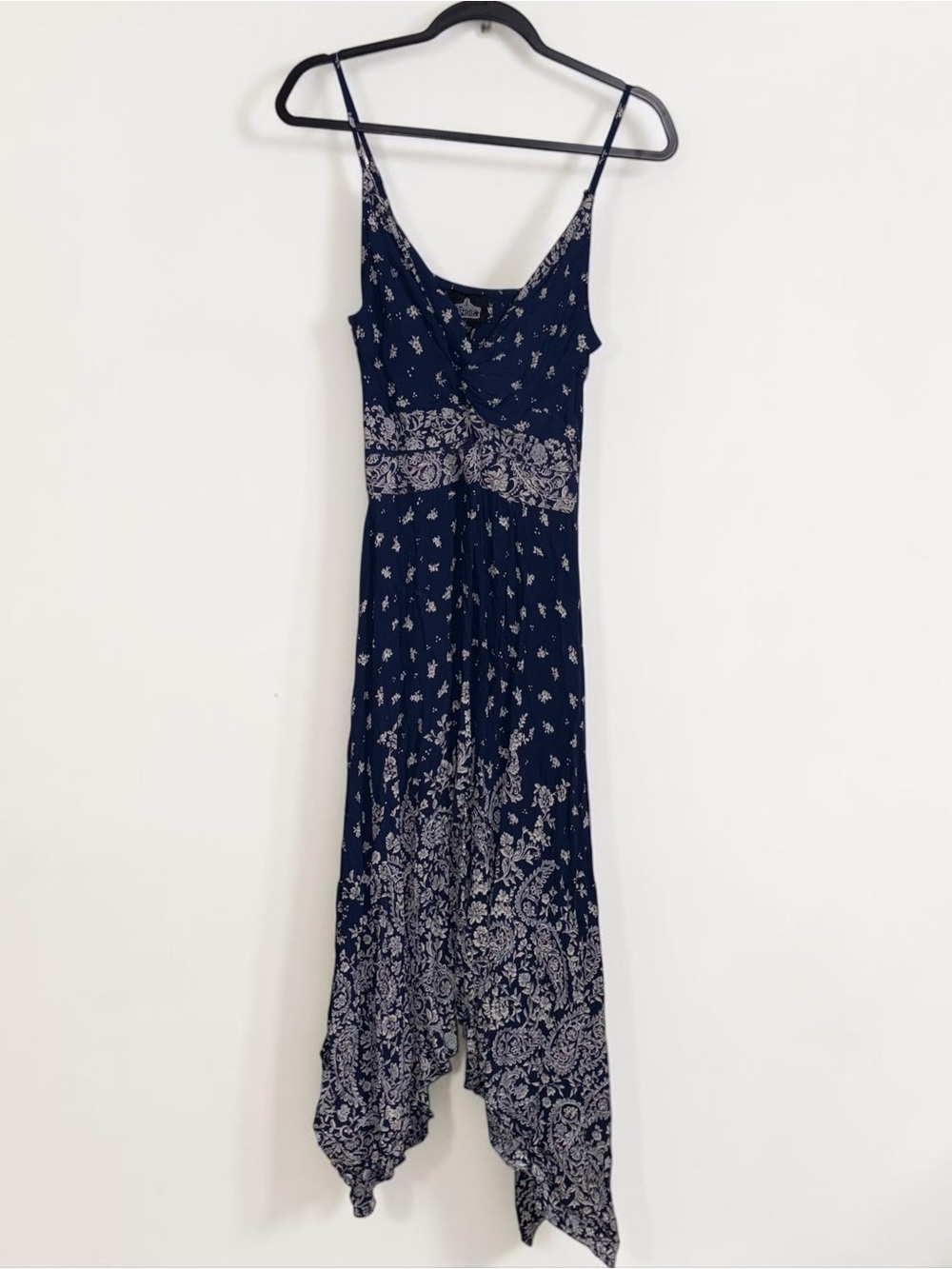 Angie Navy Blue Floral Asymmetrical Handkerchief Dress